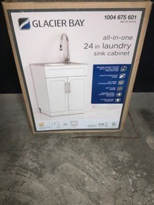 lot 43 image: GLACIER BAY ALL-IN-ONE 24.125 IN. X 21.375 IN. X 35 IN. STAINLESS STEEL LAUNDRY SINK WITH FAUCET AND STORAGE CABINET. SEE PICTURES