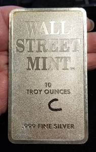 10 TROY OZ. .999 FINE SILVER BAR WALL STREET MINT