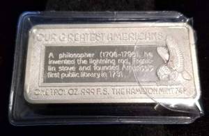 1 TROY OZ. .999 FINE SILVER BAR BEN FRANKLIN HAMILTON MINT