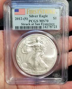 2012(S) AMERICAN SILVER EAGLE 1 TROY OZ. .999 FINE SILVER MS70 PCGS FIRSTSTRIKE
