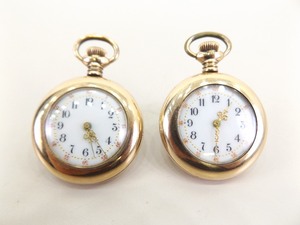 lot 16 image: 2 Antique 10k Gold Filled Miniature Porcelain Faced Pocket Watches