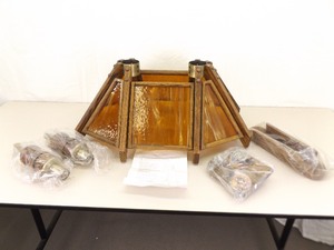 lot 43 image: Vintage NEW Wood Framed Slag Glass Hanging 2 Light Bar Lamp