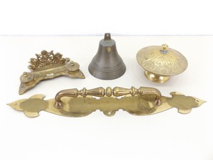 lot 88 image: Misc. Brass School Bell, Door Handle,&nbspInkwell, etc.