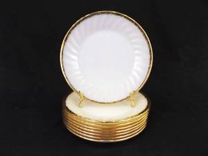 lot 97 image: 8 Vintage FIRE KING White Swirl Gold Rim Salad Plates