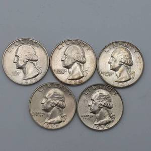 5  Washington Quarters, 90% Silver, AU grades 46-S, 54, 54-S, 56-D & 59-D