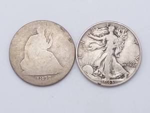 1877-S Seated Liberty Half Dollar & 1943 Walking Liberty Half Dollar, 90% Silver