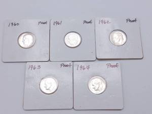 5 Proof Roosevelt Dimes, 1960, 61, 62, 63 and 64, 90% Silver