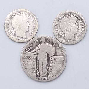 1926 Standing Liberty Quarter, 1905-O Barber Dime & 1911-D Barber Dime