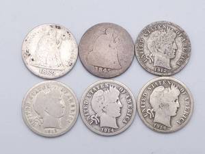 6 Dimes--1845 & 1889 Seated Liberty Dimes and 1912, 1913, 1914 & 1914-D Barber Dimes
