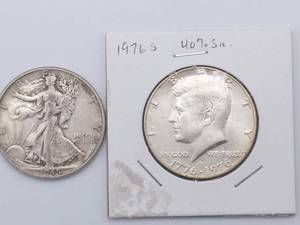 1945 Walking Liberty Half Dollar, 90% Silver and 1976 40% Silver Kennedy Half Dollar in Mint State