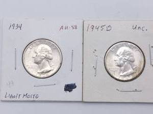 2 Unc. Silver Washington Quarters, 90% Silver - 1934 and 1945D