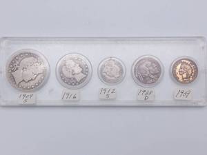 US Type Coins--1909-S Barber Half Dollar, ,1916 barber Quarter, 1912_S Barber Dime, 1938-D Buffalo nickel and 1909 Indianhead Cent