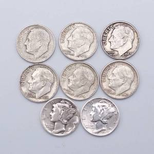 6 Roosevelt Dimes & 2 Mercury Dimes. 90% Silver