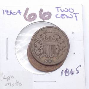 2  US Two-Cent Pieces - 1864 and 1865
