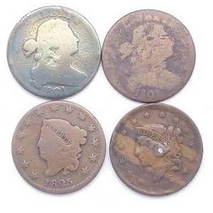 4 US Large Cents AG - 1801, 1807 lge. Frac., 1825 & 1837 holedplugged