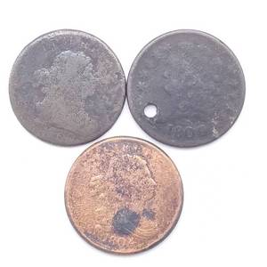 3 US Half Cents - 1 is dateless, 1804 & 1809 holed
