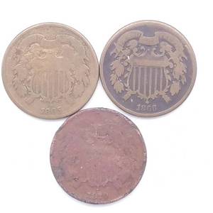 3 US Two-Cent Pieces - 1865, 1866 & 1870