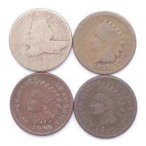 3 Indianhead Cents - 1864, 1883, 1885 & 1 dateless Flying Eagle Cent