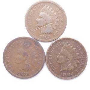 3 Indianhead Cents - 1866 gouge, 1879 & 1904
