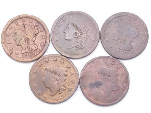 5 US Large Cents - 1833, 1833, 1838, 1847 & 1850