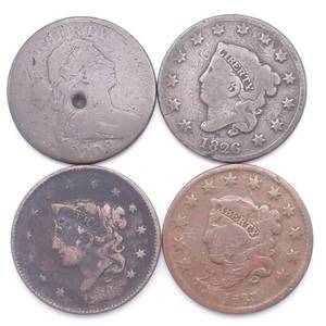 4 US Large Cents - 1802 (punch mark), 1826, 1833 & 1836