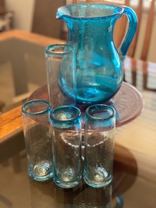 Fun Art Glass Cake Plate, Pitcher and Tumblers