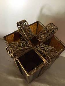 lot 398 image: Brass Candle Holder Wit Amber Stained Glass