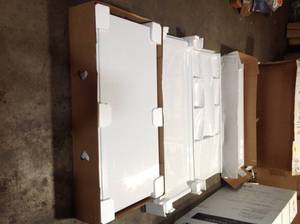 Lot of Delta Classic 400 36 in. x 36 in. x 74 in. Shower Kit in White and Bootz Nextile 4 Pc Tub Wall Set customer returns not used see  pictures