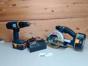 lot 97 image: Ryobi 18 V Wireless Drill Circular Saw and Chargers