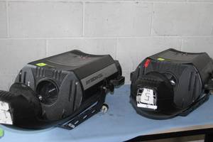 lot 130 image: Pair of Lightwave Research Technobeam Moving Mirror Pro Lighting Units & Heavy Duty Rolling Case with Casters
