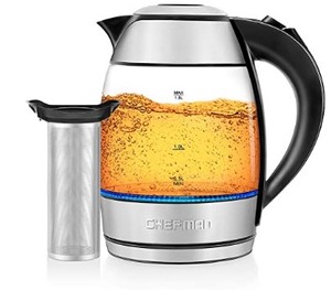 lot 227 image: Chefman Electric Glass Kettle LED Indicator Lights, 360 deg Swivel Base, BPA Free, Stainless Steel - 1.8 Liters - Kettle RJ11-17-TI