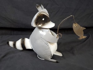 lot 31 image: New Recycled Metal Garden Art Raccoon Fishing