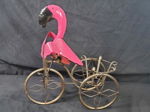 lot 47 image: New Recycled Metal Garden Art Flamingo on Trike Planter  Plant Holder