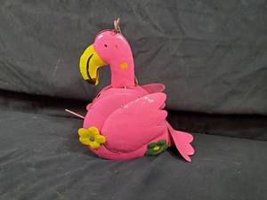 lot 64 image: New Recycled Metal Pink Flamingo Birdhouse with Hanging Hook