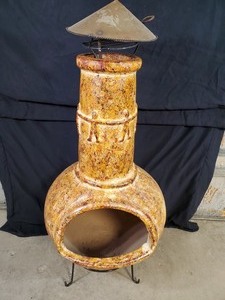 lot 1 image: Brand New Clay Chiminea Fire Pit with Stand and Rain Cap