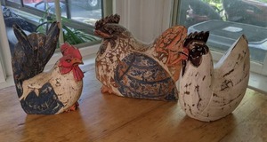 lot 32 image: (3) Painted Wood Chickens