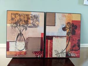 lot 49 image: Pair of Abstract Floral Framed Wall Hangings