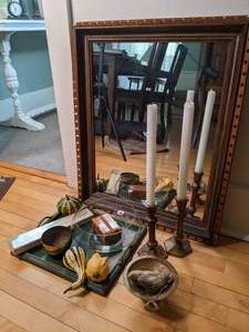 lot 62 image: Wall Mirror, Brass Candleholders, Other Misc. Decor