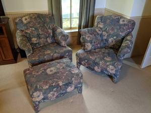 lot 28 image: (2) Floral Armchairs with Matching Pillows & Ottoman