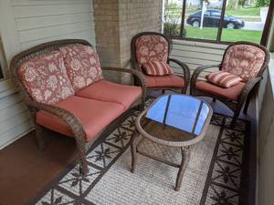 lot 8 image: Wicker Patio Furniture Set Loveseat, Chairs & Coffee Table