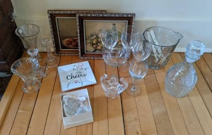 lot 68 image: Varied Stemware, Decanter, Framed Still Lifes