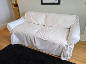 lot 111 image: Matching Striped Loveseat & Chair with Covers (See photos)
