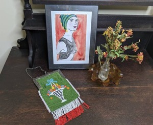 lot 95 image: Beaded Purse, Framed Print, Vases & Faux Flowers