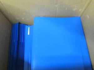 box of blue plastic folders ...