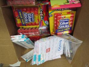 box of glue sticks, name tags, clas...
