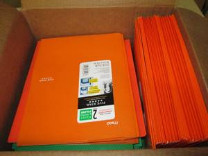 box of orangs,green and red folders...