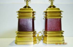WOW Vintage Pair Large 32 Mid Century Asian Chinese Inspired Brass Pagoda Style Burgundy Leather Wrapped Table Lamps With Brass Longevity Symbol Finials - Base Has Tag Built With Pride By INGRID - Great Condition