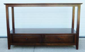 Pier 1 Mocha Wood Criss Cross Glass Top Console Table With Display Shelf Underneath &amp 2 Drawers - Great Condition&nbsp Please note finish on below shelf has bubbling&nbsp Drawers slide great so unsure why there is bubbling - See Pics&nbsp