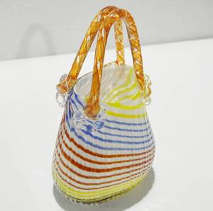 Art Glass Multi Color Candy Striped Purse Vase By Block Crystal Mouth Blown Glassworks - Excellent Condition
