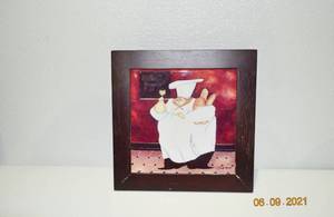 Lot Of 4&nbspJennifer Garant French Fat Chef Wall Plaque Trivets Ceramic Tiles Wooden Frame - Nice Pre-owned Condition - Minor Wear To Wood